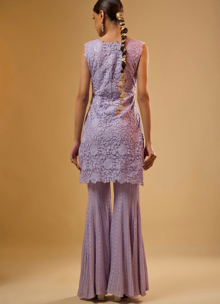 Lavender Embroidered Net Kurta Sharara Set Renee Label - Fabilicious Fashion