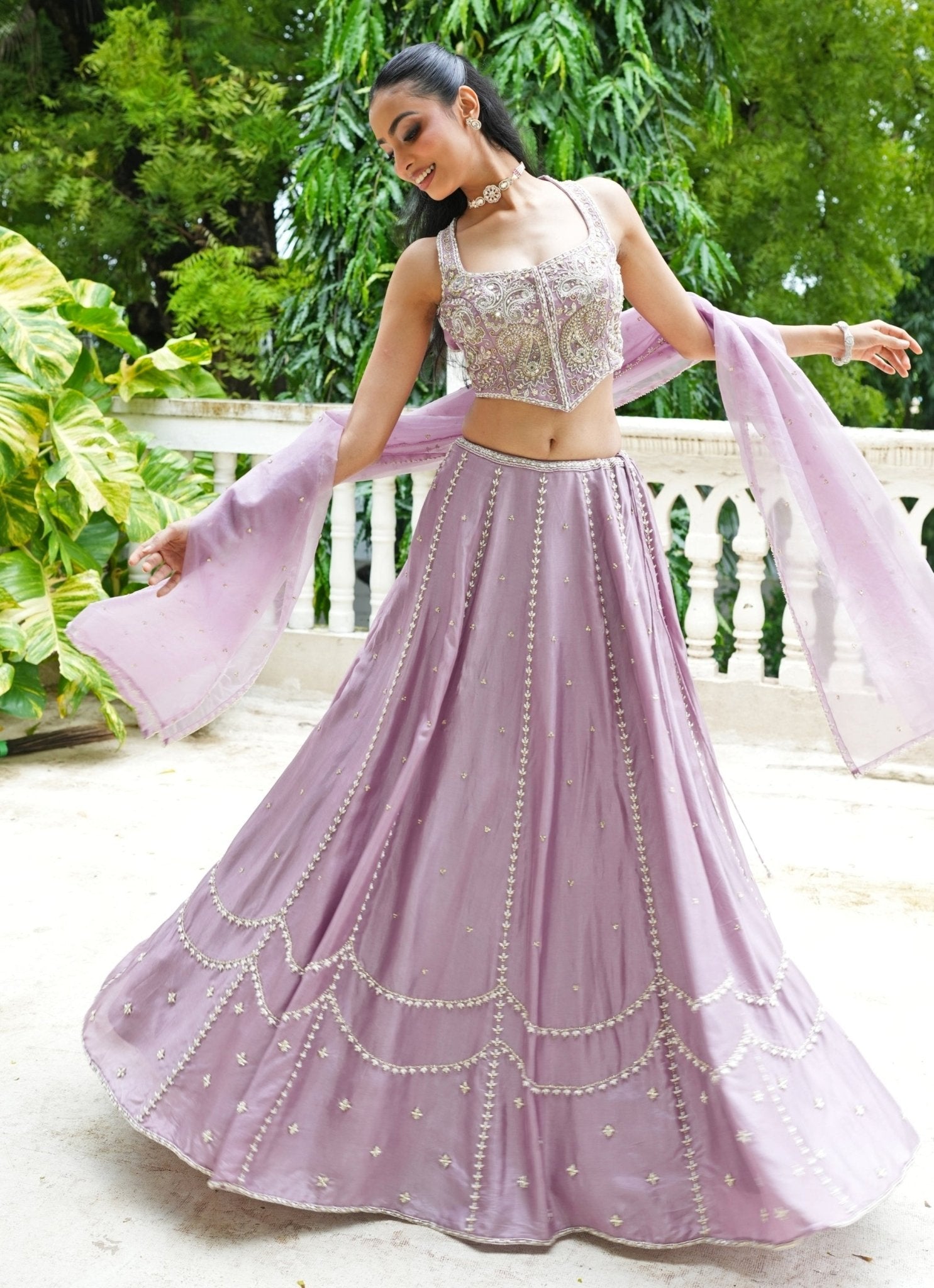 Lavender embroidered silk lehenga — what to wear to a sangeet as a wedding guest