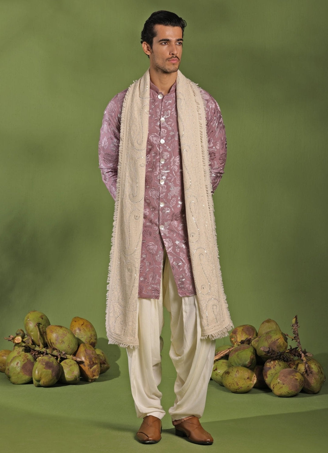 Lavender Front - Open Kurta Patiala Pant Set With Dupatta Kalpraag - Fabilicious Fashion
