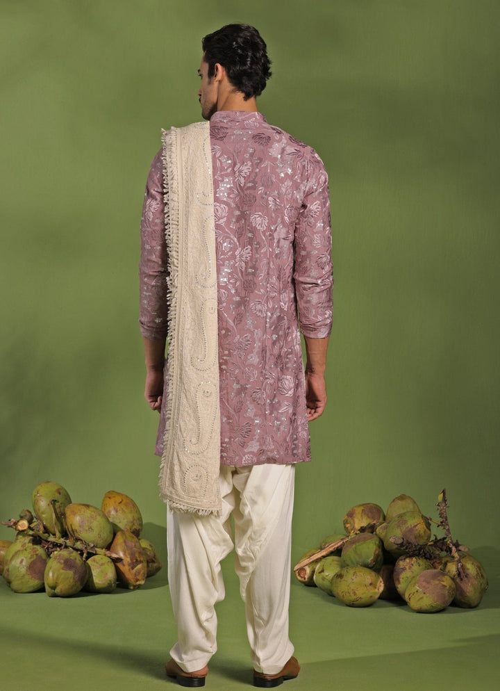 Lavender Front - Open Kurta Patiala Pant Set With Dupatta Kalpraag - Fabilicious Fashion