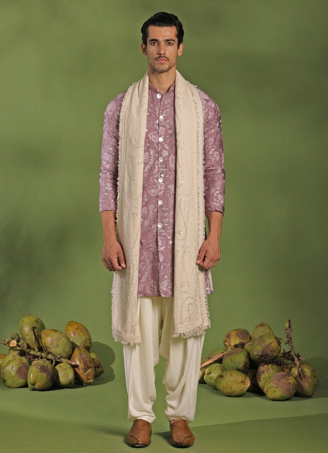 Lavender Front - Open Kurta Patiala Pant Set With Dupatta Kalpraag - Fabilicious Fashion