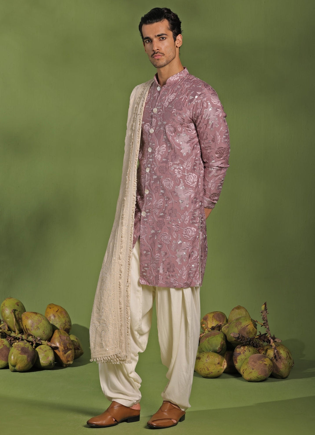Lavender Front - Open Kurta Patiala Pant Set With Dupatta Kalpraag - Fabilicious Fashion
