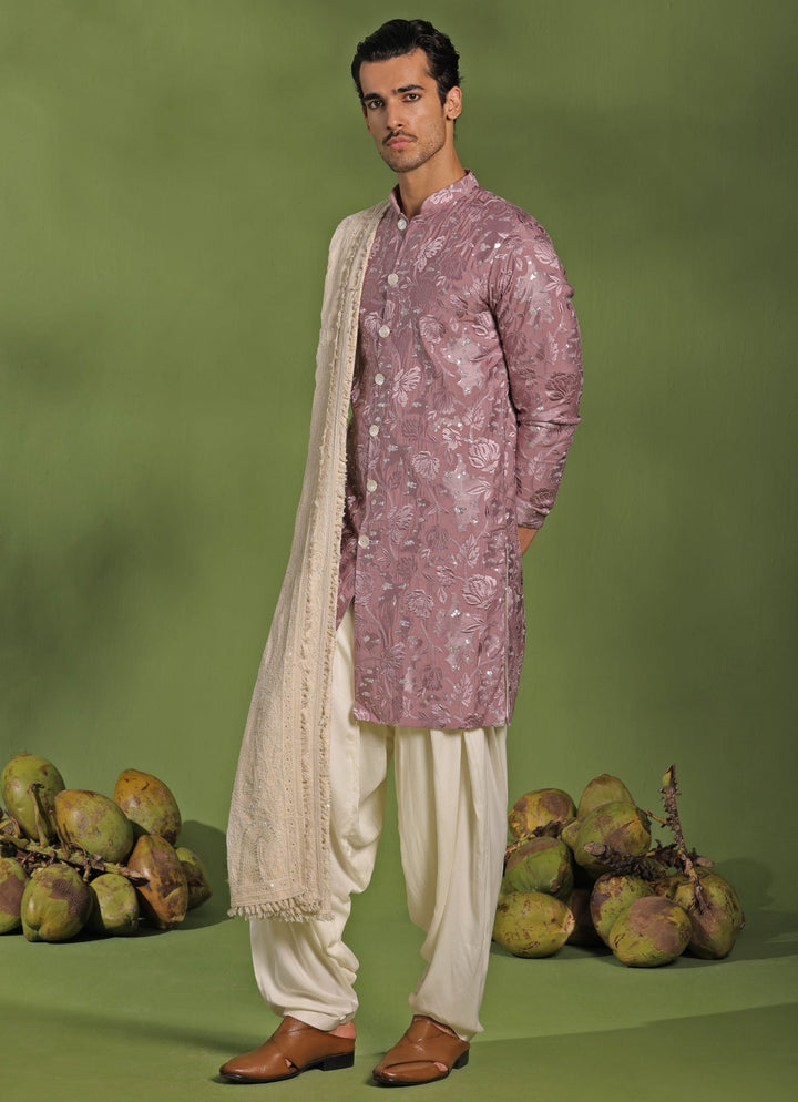 Lavender Front - Open Kurta Patiala Pant Set With Dupatta Kalpraag - Fabilicious Fashion