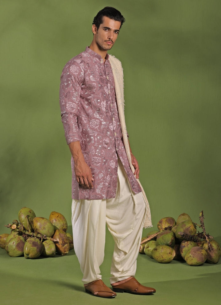 Lavender Front - Open Kurta Patiala Pant Set With Dupatta Kalpraag - Fabilicious Fashion