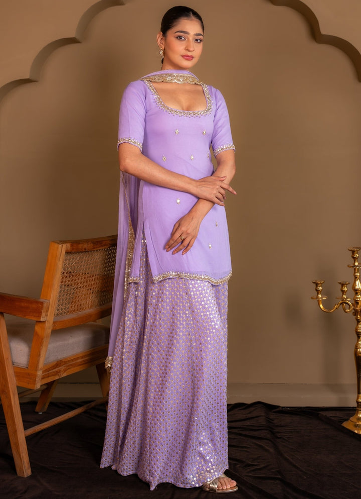 Lavender Georgette Kurta Sharara Set Renee Label - Fabilicious Fashion