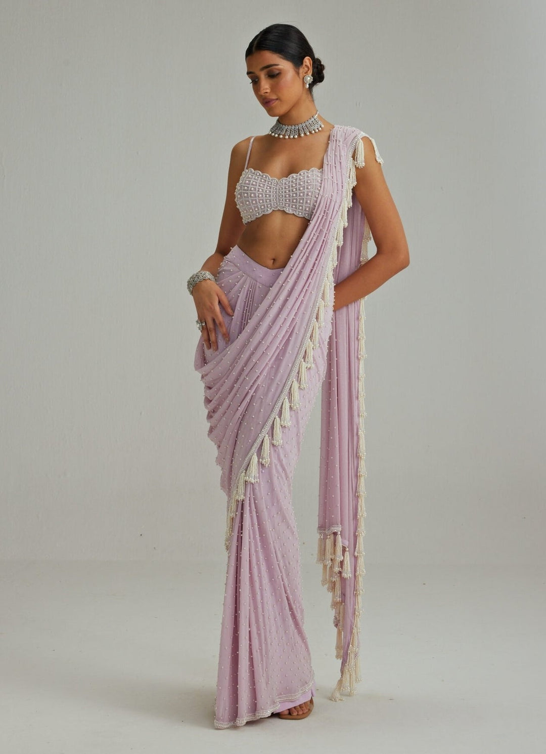 Lavender Georgette Pre Draped Saree With Pearl Blouse Vvani by Vani Vats - Fabilicious Fashion