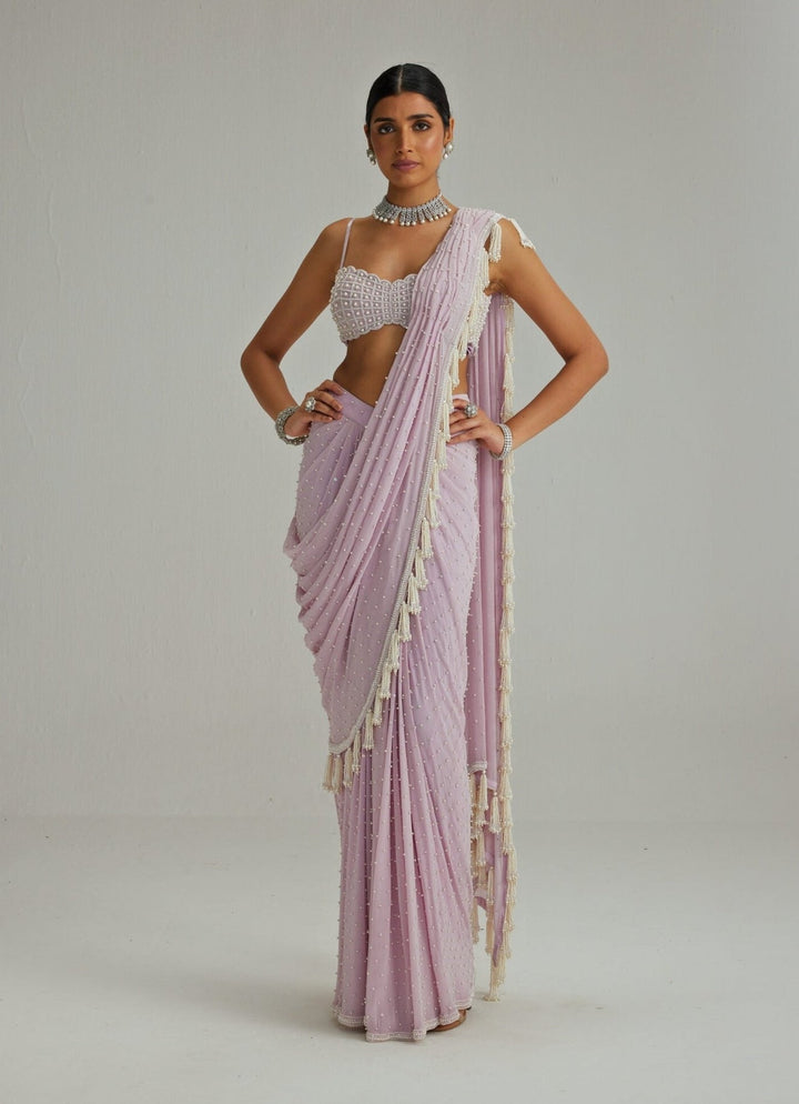 Lavender Georgette Pre Draped Saree With Pearl Blouse Vvani by Vani Vats - Fabilicious Fashion