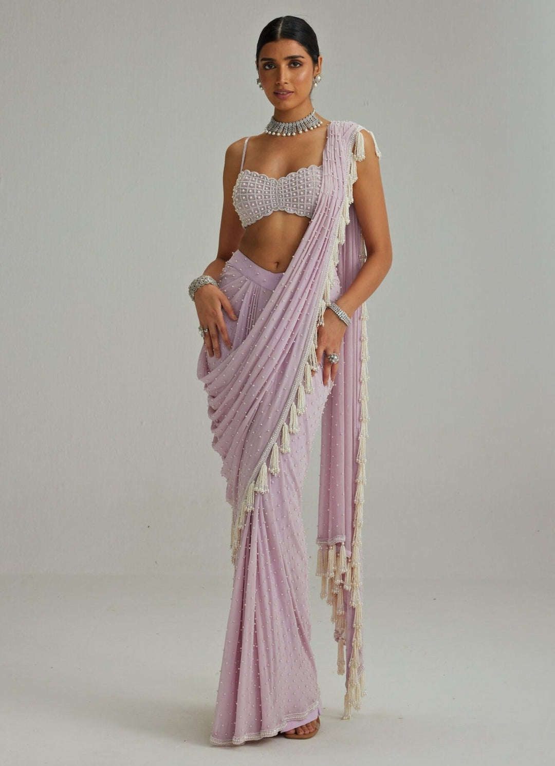 Lavender Georgette Pre Draped Saree With Pearl Blouse Vvani by Vani Vats - Fabilicious Fashion