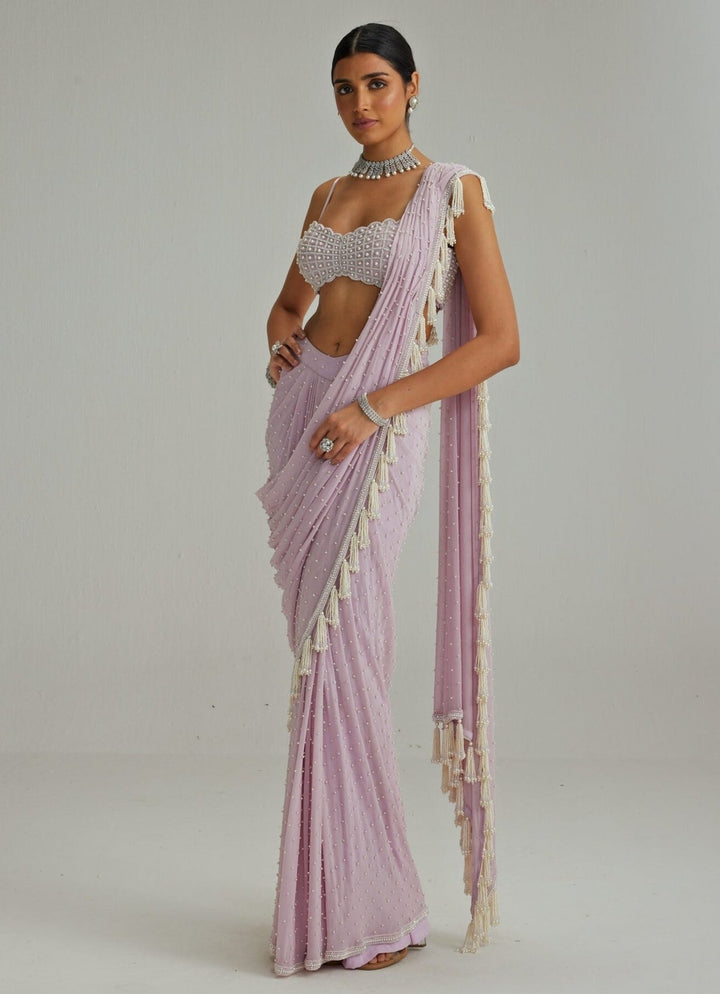 Lavender Georgette Pre Draped Saree With Pearl Blouse Vvani by Vani Vats - Fabilicious Fashion
