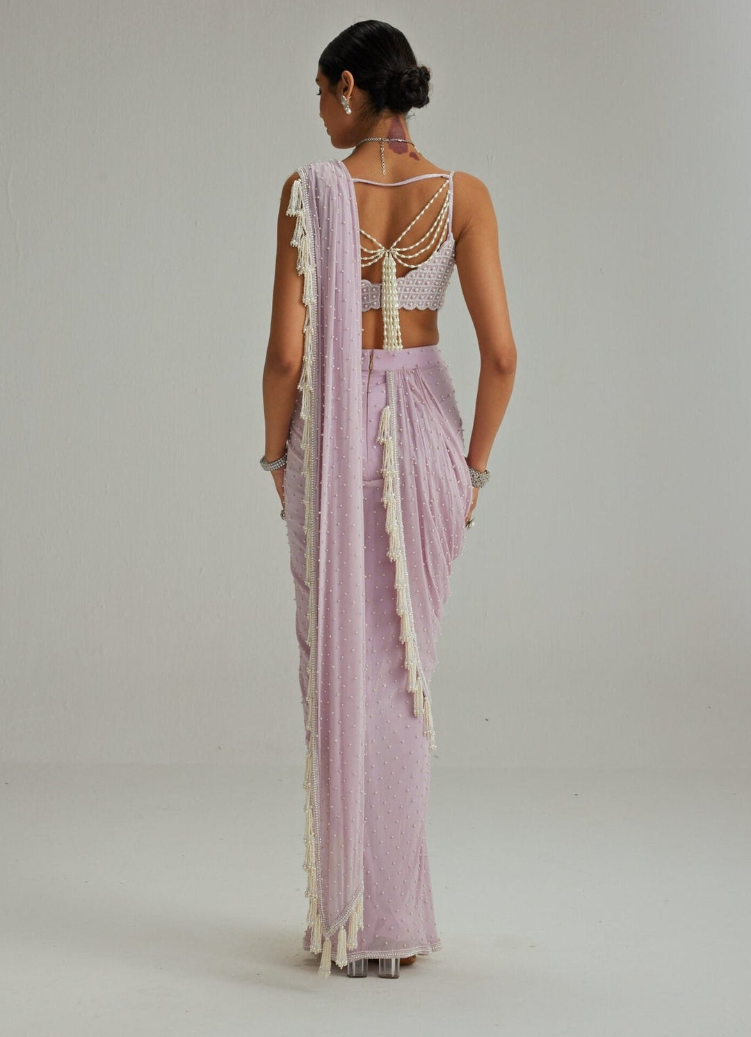 Lavender Georgette Pre Draped Saree With Pearl Blouse Vvani by Vani Vats - Fabilicious Fashion