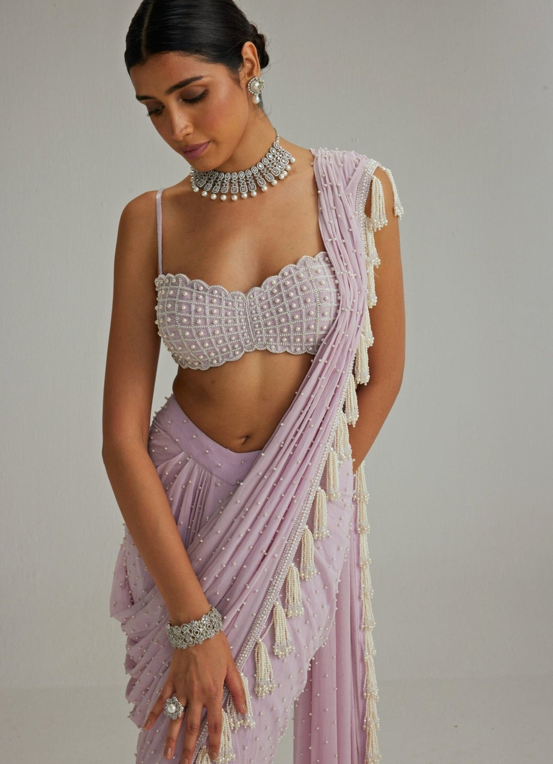 Lavender Georgette Pre Draped Saree With Pearl Blouse Vvani by Vani Vats - Fabilicious Fashion