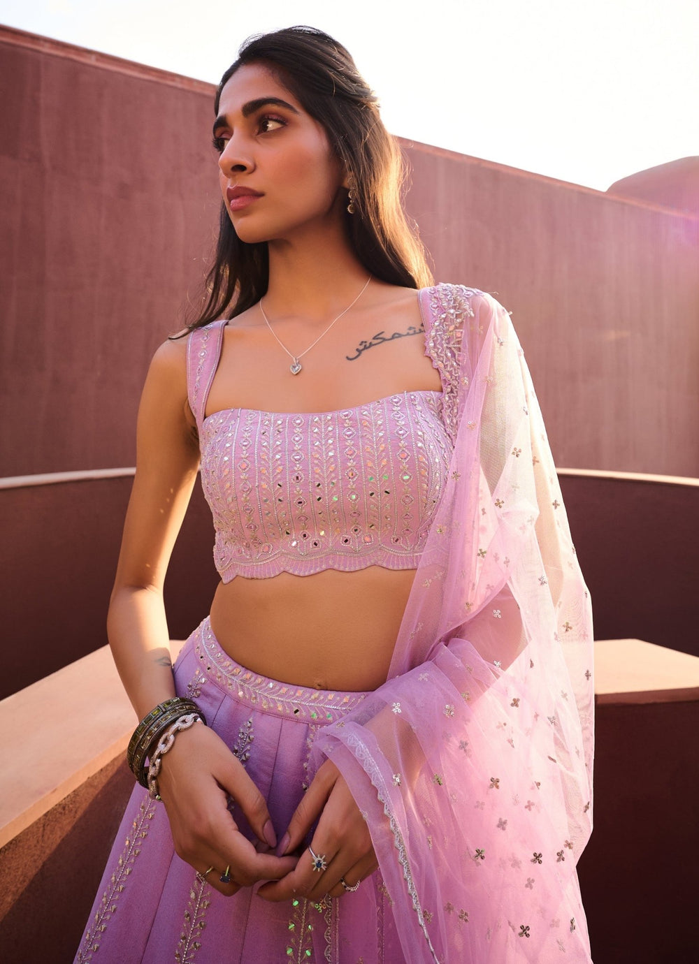 Lavender Mirror Embellished Silk Lehenga set Chamee and Palak - Fabilicious Fashion
