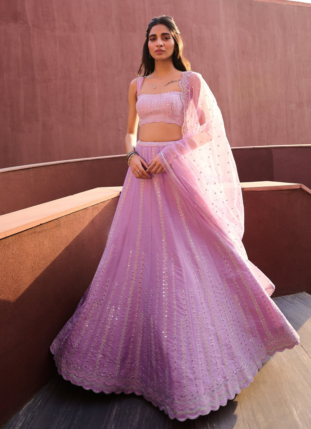 Lavender Mirror Embellished Silk Lehenga set Chamee and Palak - Fabilicious Fashion