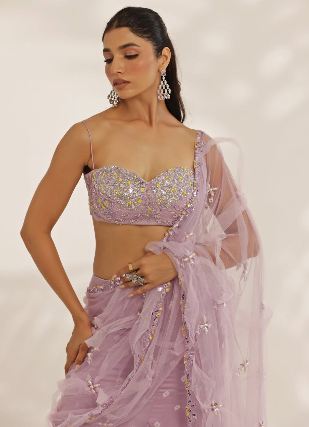 Lavender Mirrorwork Silk Satin Predraped Lehenga Saree Manisha Soni - Fabilicious Fashion
