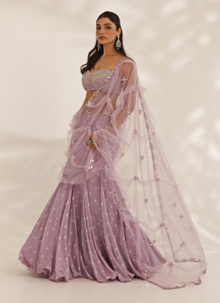 Lavender Mirrorwork Silk Satin Predraped Lehenga Saree Manisha Soni - Fabilicious Fashion
