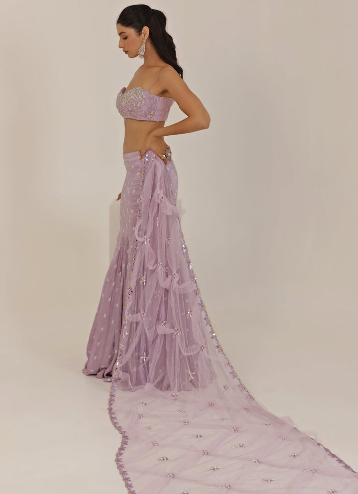 Lavender Mirrorwork Silk Satin Predraped Lehenga Saree Manisha Soni - Fabilicious Fashion