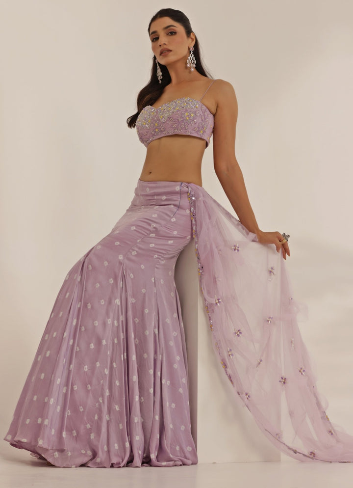 Lavender Mirrorwork Silk Satin Predraped Lehenga Saree Manisha Soni - Fabilicious Fashion