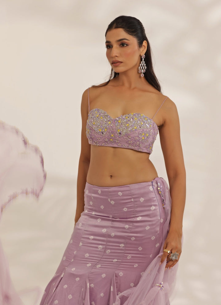 Lavender Mirrorwork Silk Satin Predraped Lehenga Saree Manisha Soni - Fabilicious Fashion