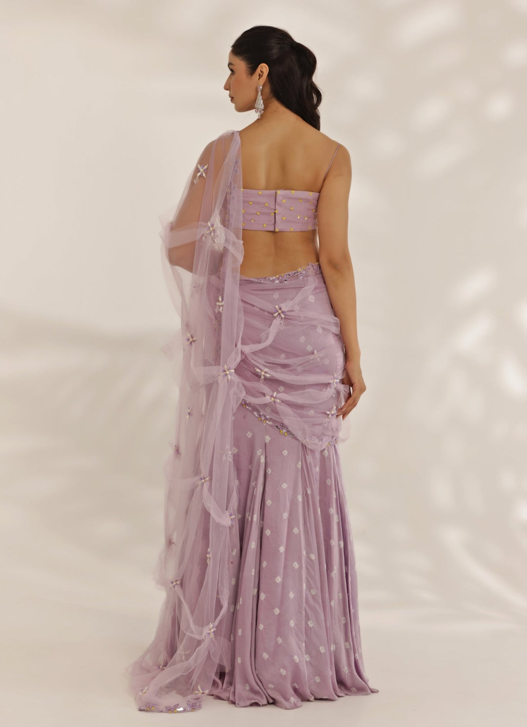 Lavender Mirrorwork Silk Satin Predraped Lehenga Saree Manisha Soni - Fabilicious Fashion