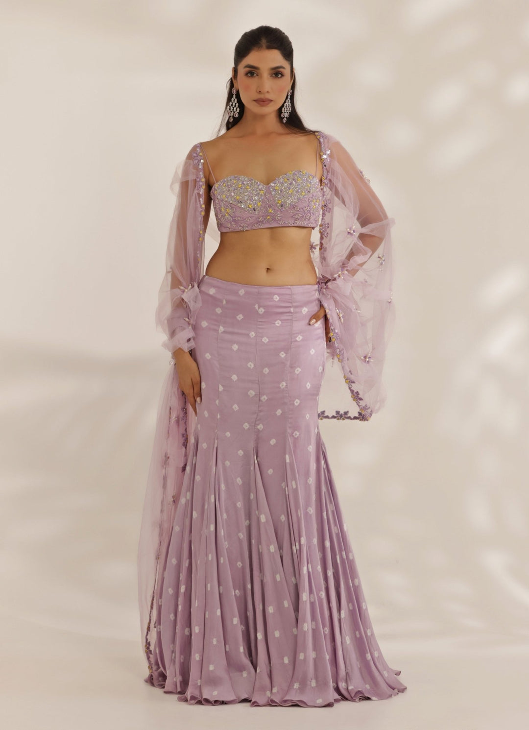 Lavender Mirrorwork Silk Satin Predraped Lehenga Saree Manisha Soni - Fabilicious Fashion