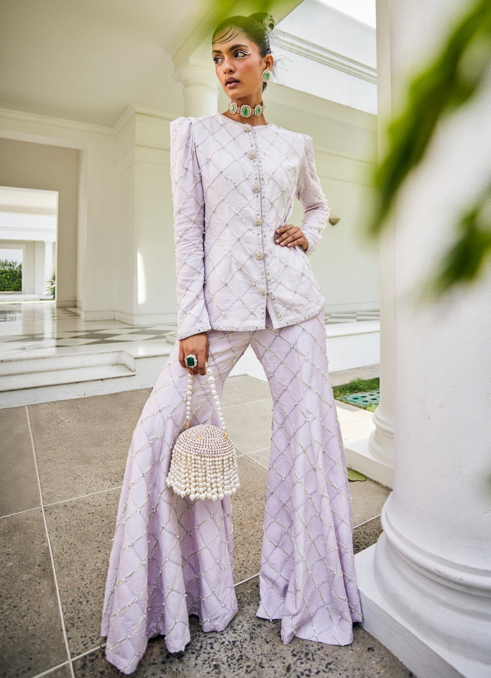 Lavender Pearl Embroidered Jacket Kurta Palazzo Set Mani Bhatia - Fabilicious Fashion