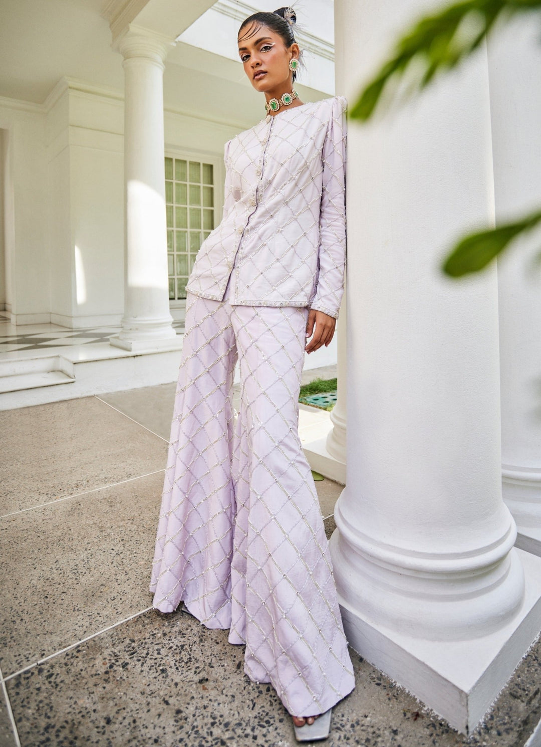 Lavender Pearl Embroidered Jacket Kurta Palazzo Set Mani Bhatia - Fabilicious Fashion