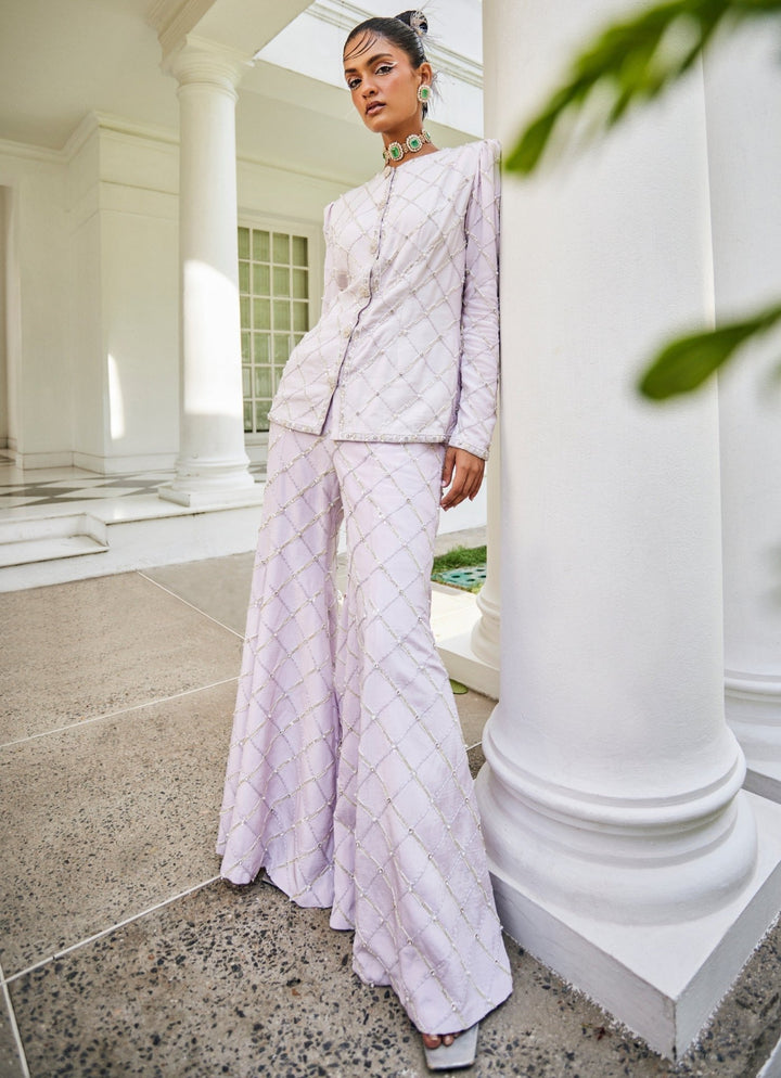 Lavender Pearl Embroidered Jacket Kurta Palazzo Set Mani Bhatia - Fabilicious Fashion