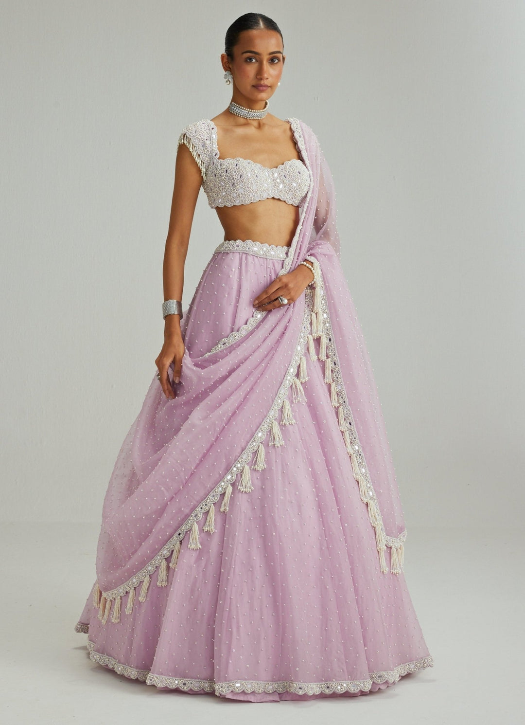 Lavender Pearl Embroidered Organza Lehenga Set Vvani by Vani Vats - Fabilicious Fashion