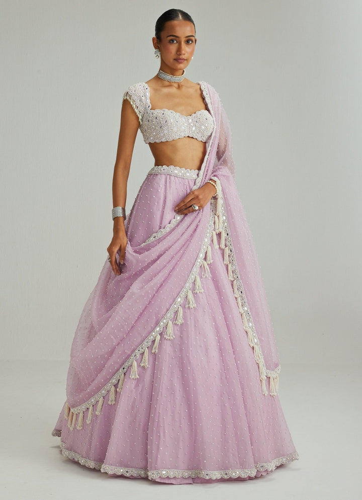 Lavender Pearl Embroidered Organza Lehenga Set Vvani by Vani Vats - Fabilicious Fashion