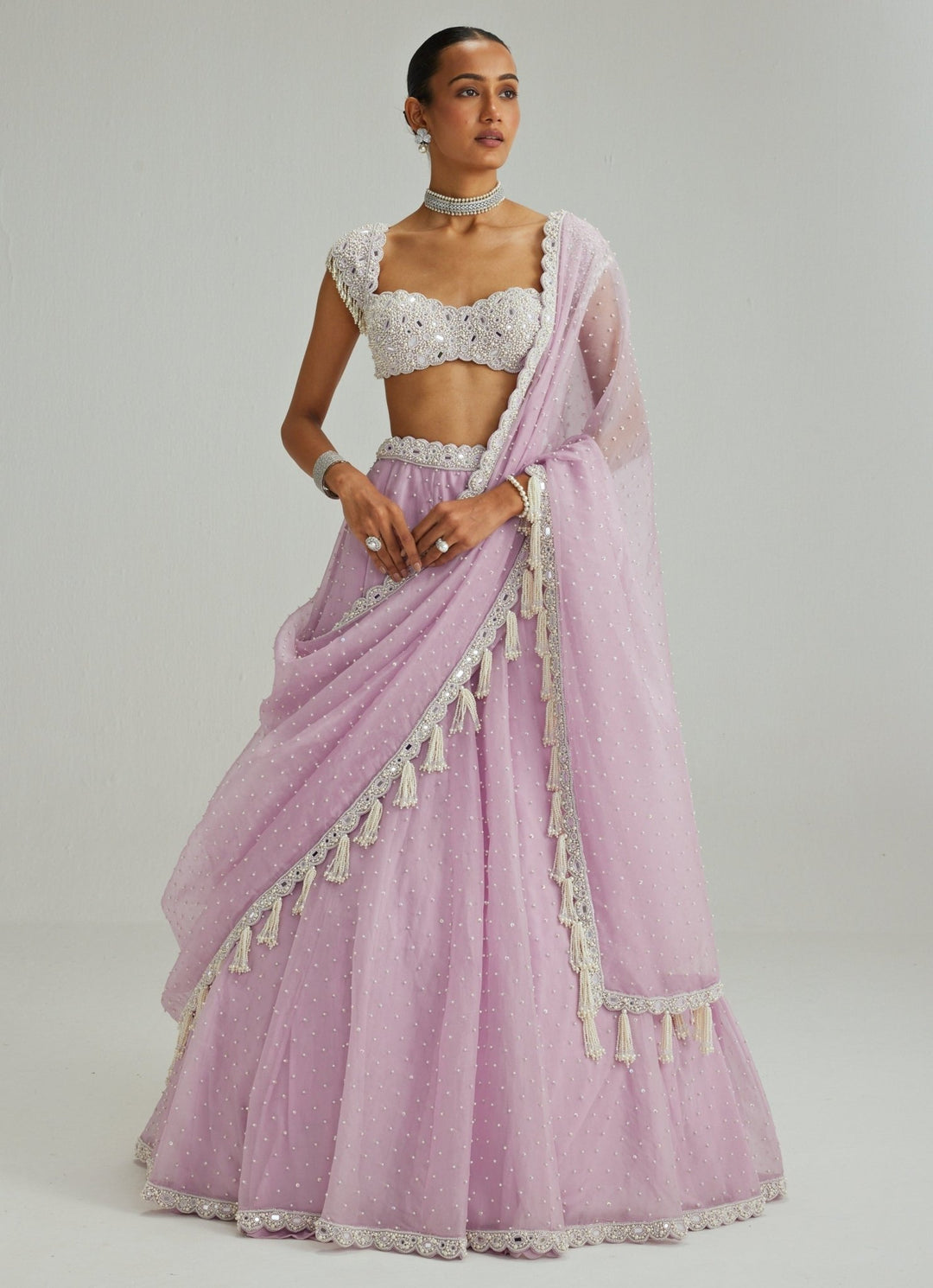 Lavender Pearl Embroidered Organza Lehenga Set Vvani by Vani Vats - Fabilicious Fashion