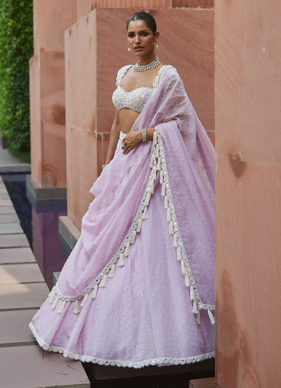 Lavender Pearl Embroidered Organza Lehenga Set Vvani by Vani Vats - Fabilicious Fashion
