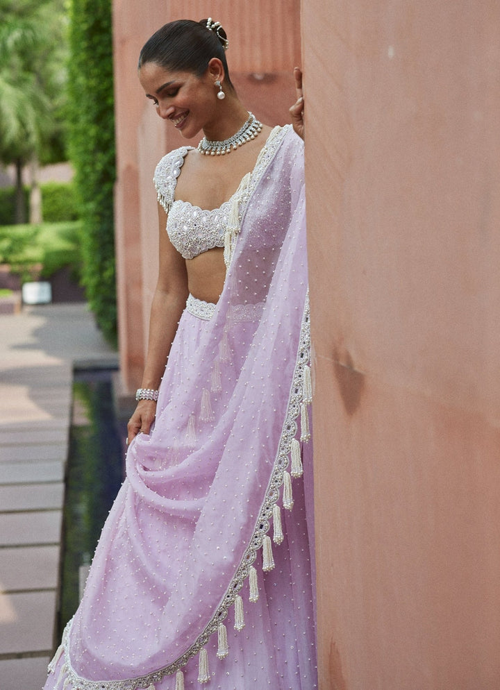Lavender Pearl Embroidered Organza Lehenga Set Vvani by Vani Vats - Fabilicious Fashion