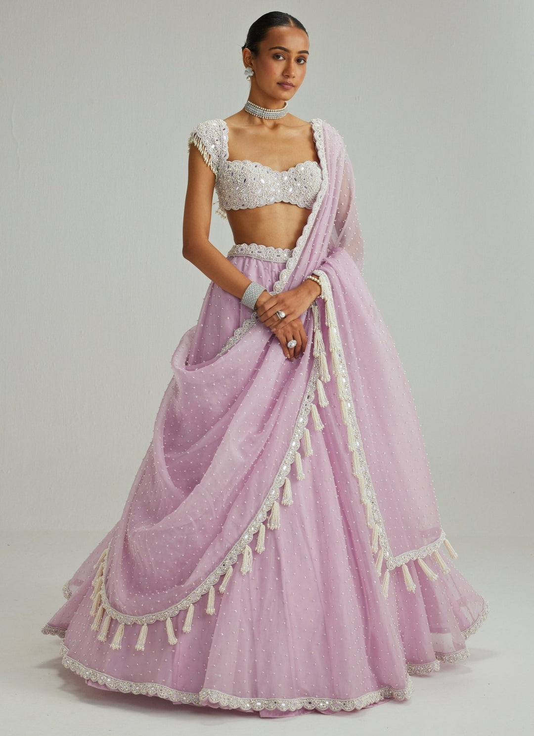 Lavender Pearl Embroidered Organza Lehenga Set Vvani by Vani Vats - Fabilicious Fashion
