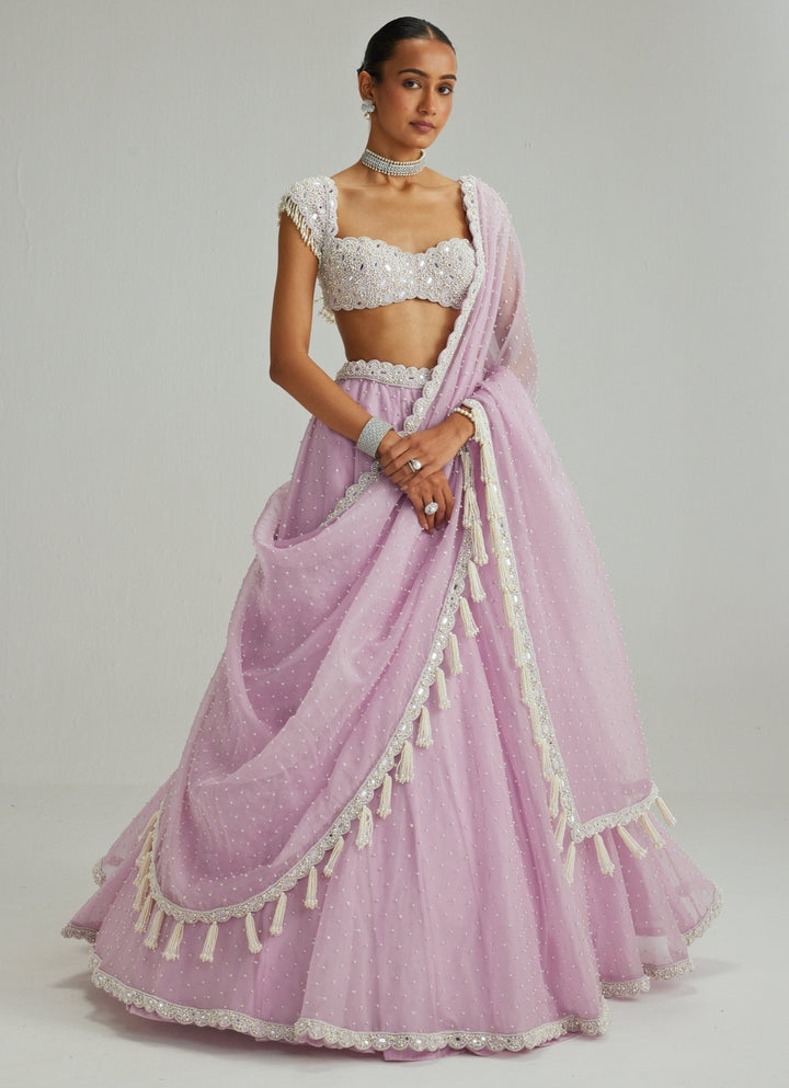 Lavender Pearl Embroidered Organza Lehenga Set Vvani by Vani Vats - Fabilicious Fashion