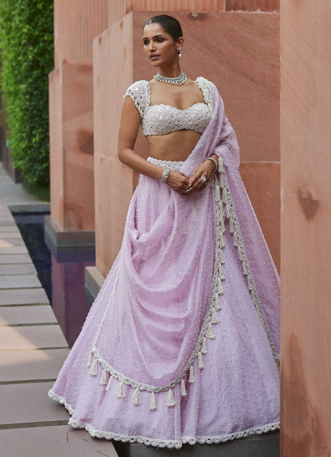 Lavender Pearl Embroidered Organza Lehenga Set Vvani by Vani Vats - Fabilicious Fashion