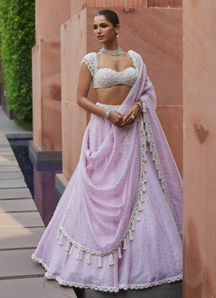 Lavender Pearl Embroidered Organza Lehenga Set Vvani by Vani Vats - Fabilicious Fashion