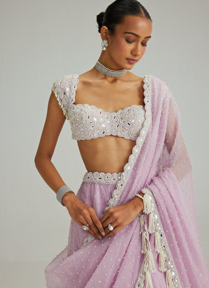 Lavender Pearl Embroidered Organza Lehenga Set Vvani by Vani Vats - Fabilicious Fashion