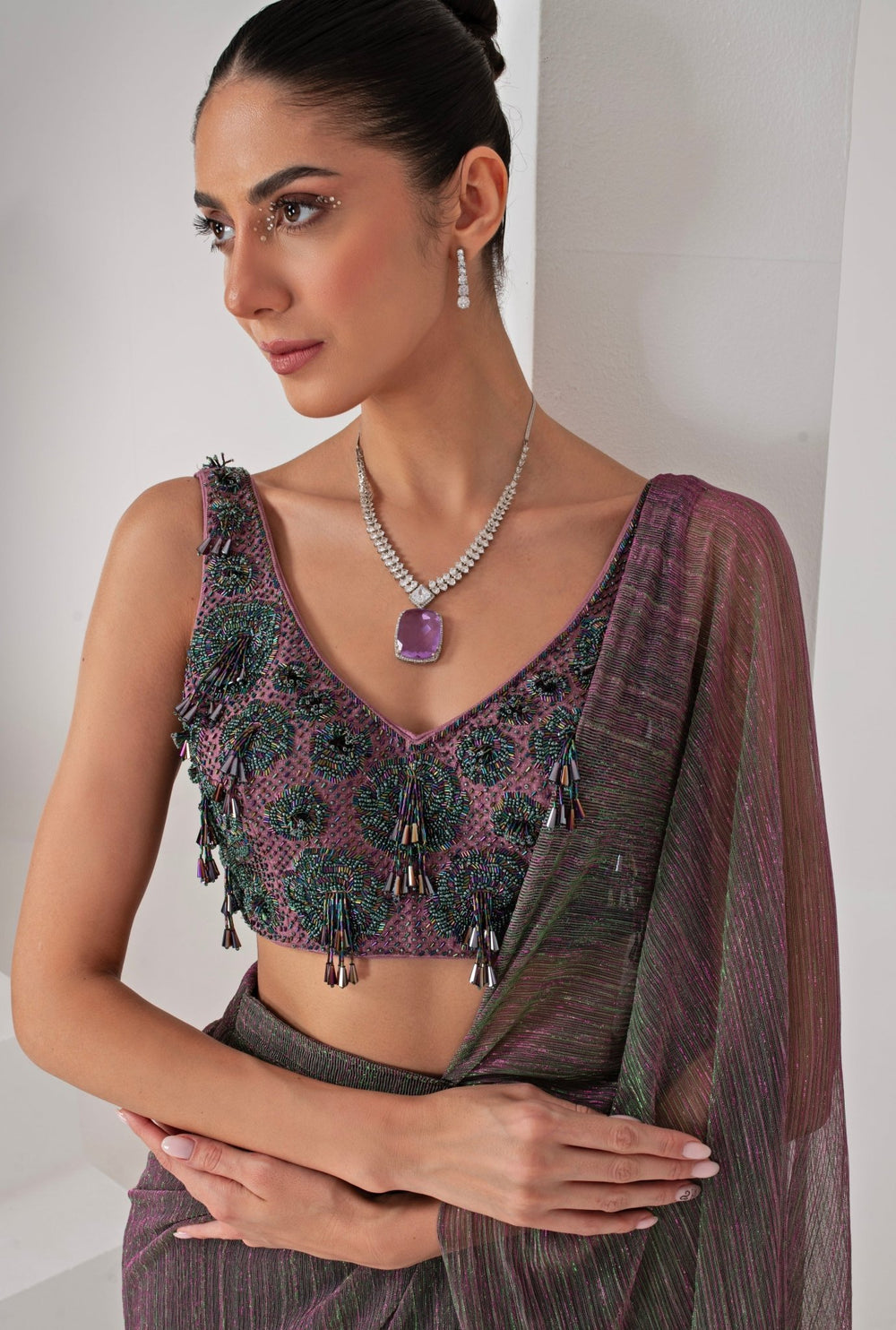 Lavender Pre Draped Crepe Saree Akara - Fabilicious Fashion