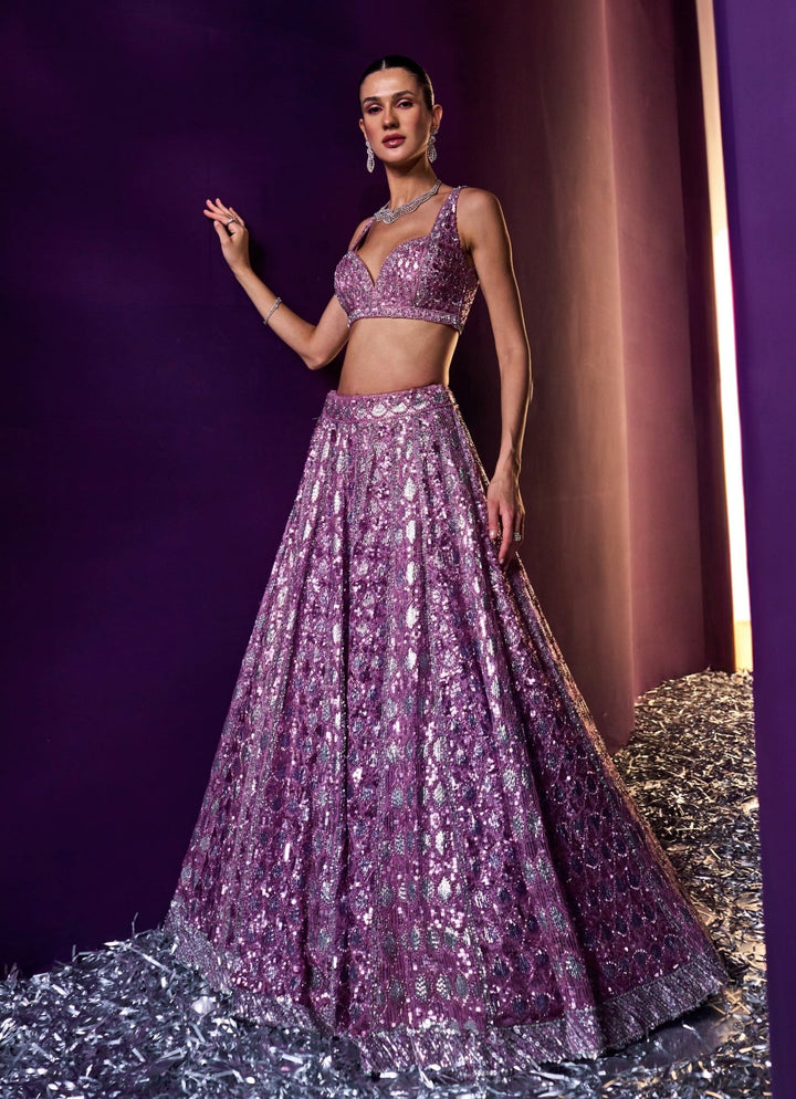 Lavender Sequins Embroidered Bridal Lehenga Set Angad Singh - Fabilicious Fashion