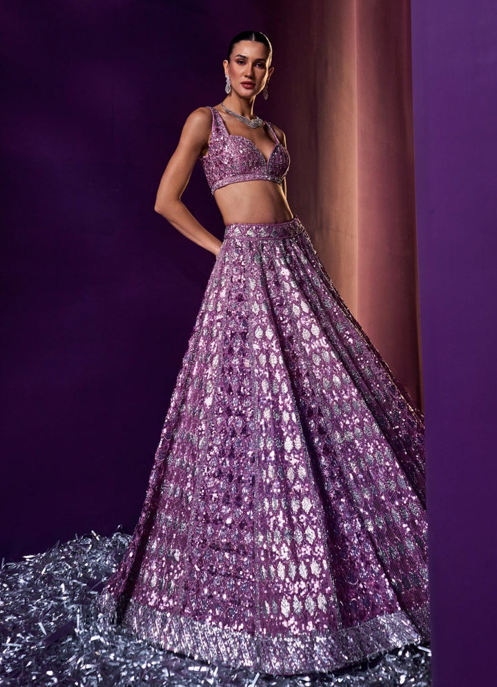 Lavender Sequins Embroidered Bridal Lehenga Set Angad Singh - Fabilicious Fashion
