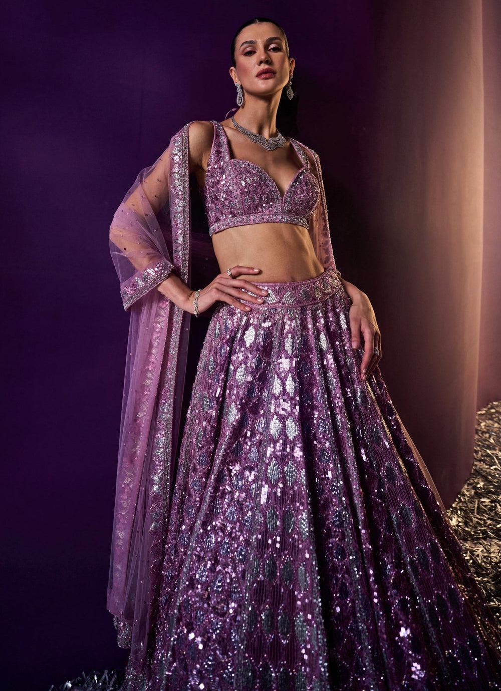 Lavender Sequins Embroidered Bridal Lehenga Set Angad Singh - Fabilicious Fashion