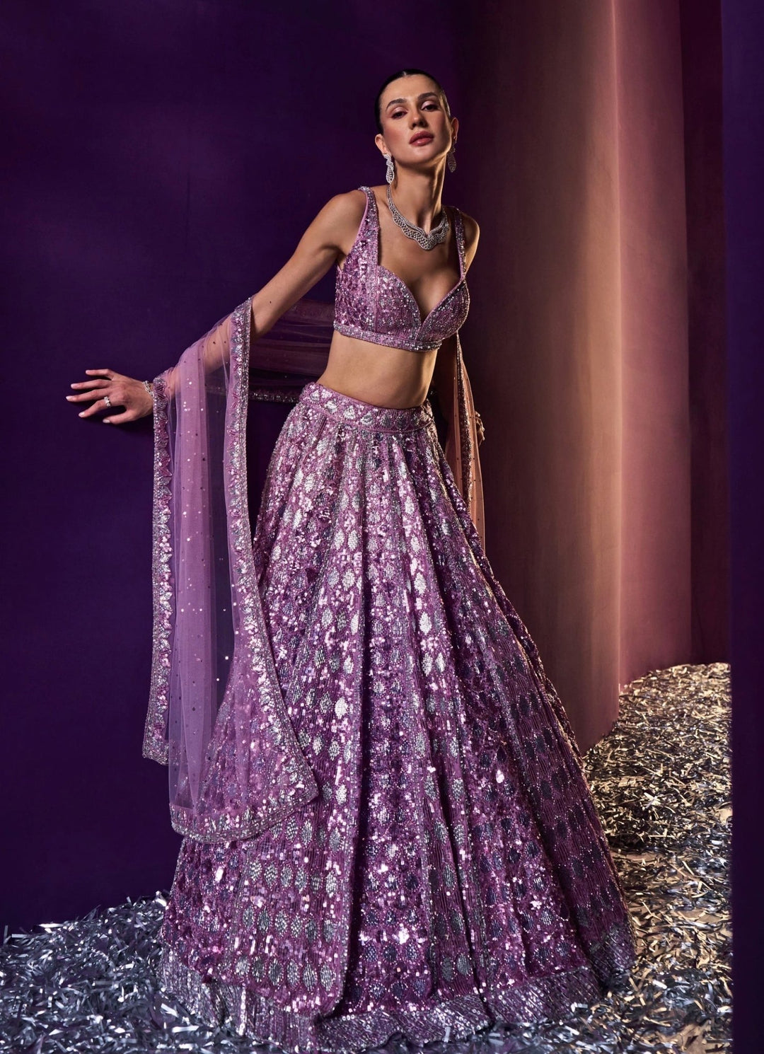 Lavender Sequins Embroidered Bridal Lehenga Set Angad Singh - Fabilicious Fashion