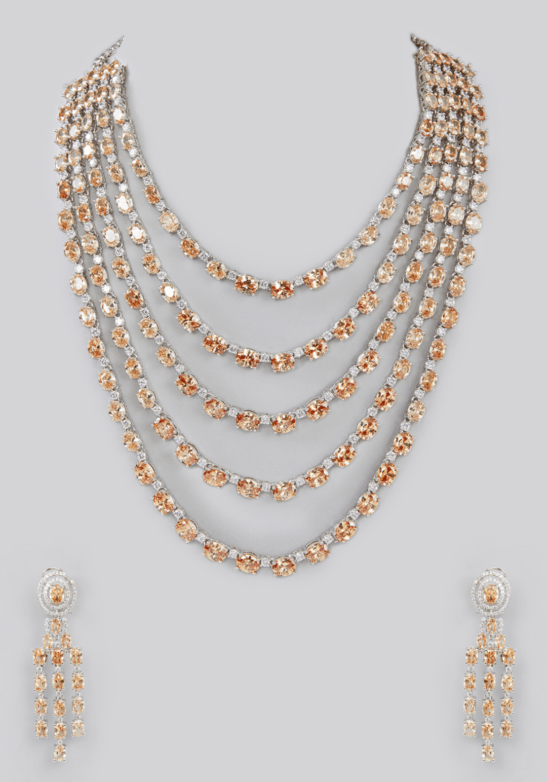 Layered Faux Diamond Necklace Set With Champagne Stones Zevar by Geeta - Fabilicious Fashion