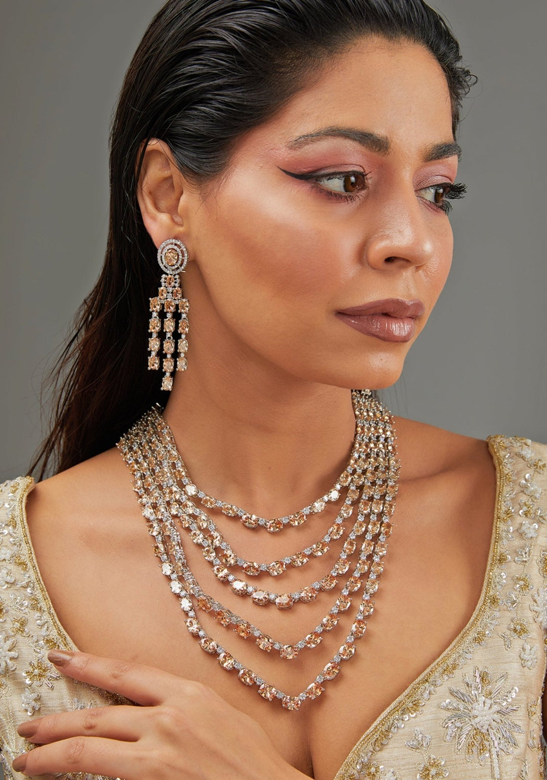 Layered Faux Diamond Necklace Set With Champagne Stones Zevar by Geeta - Fabilicious Fashion