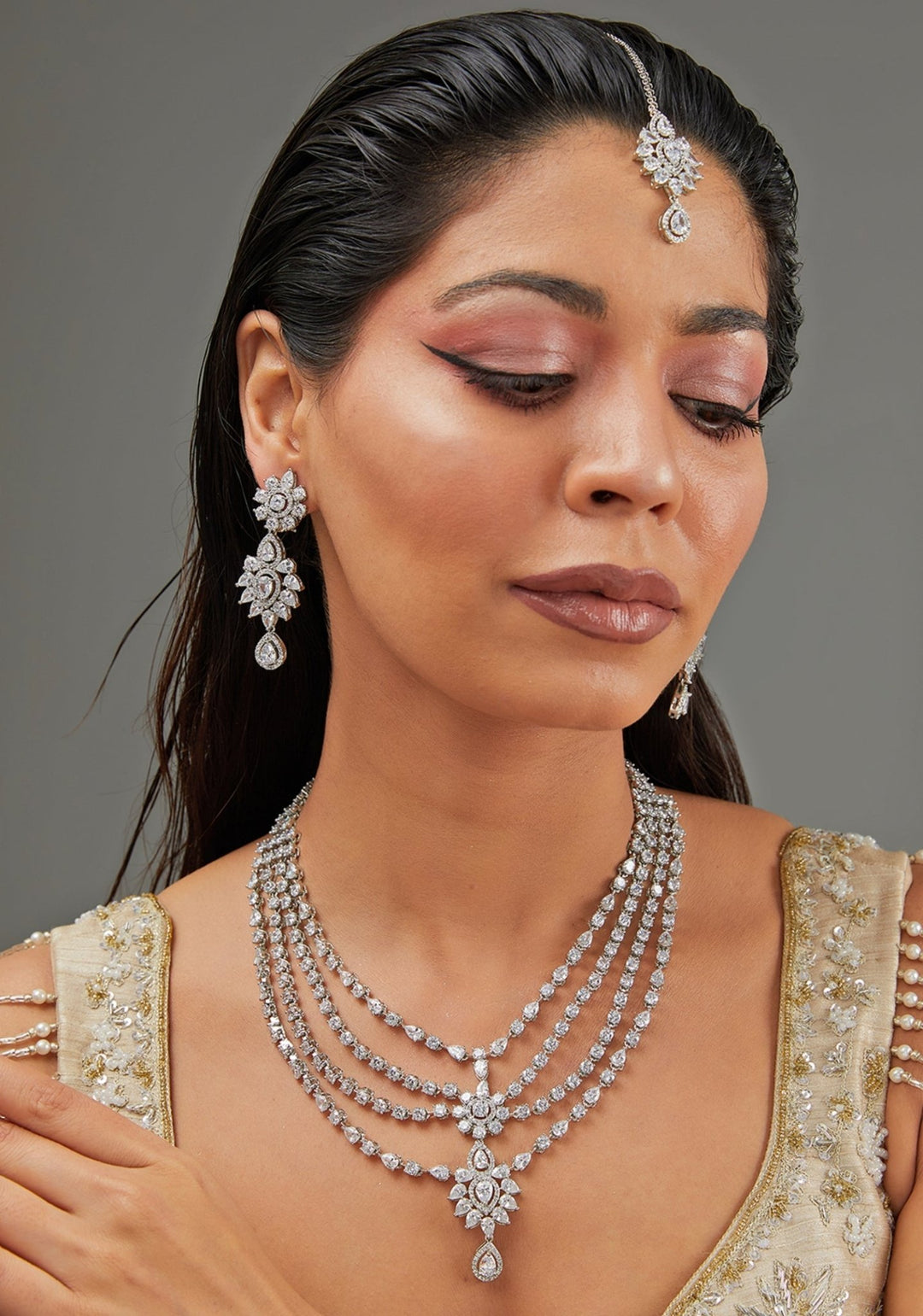 Layered Faux Diamond Necklace Set Zevar by Geeta - Fabilicious Fashion