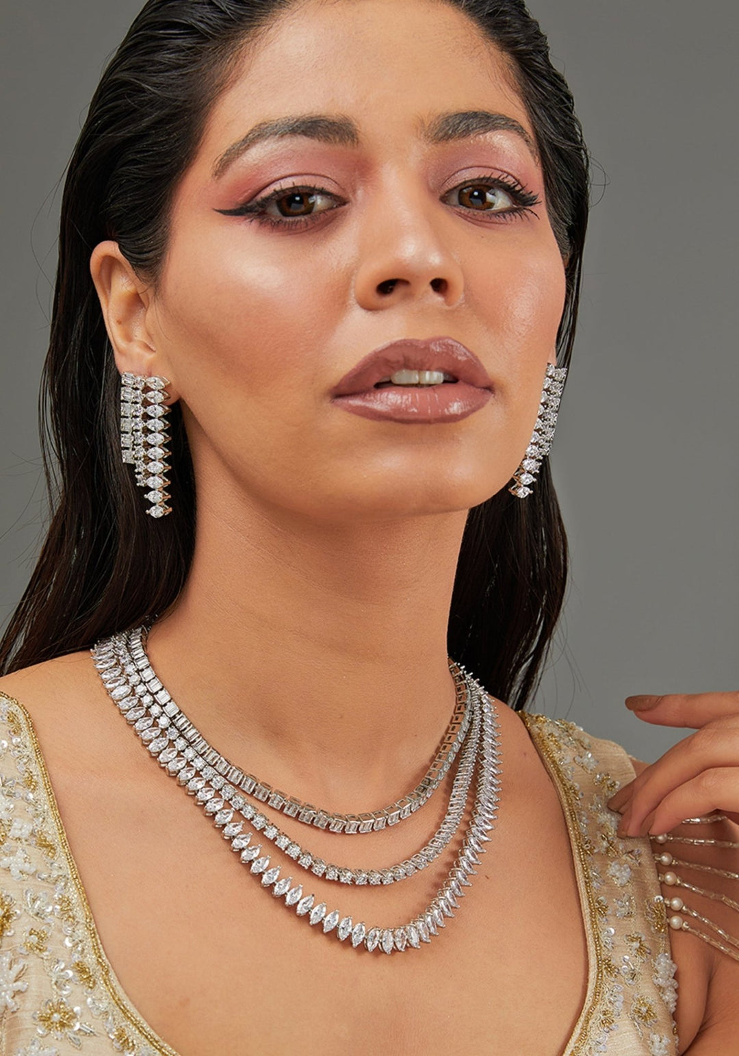 Layered Faux Diamond Necklace Set Zevar by Geeta - Fabilicious Fashion