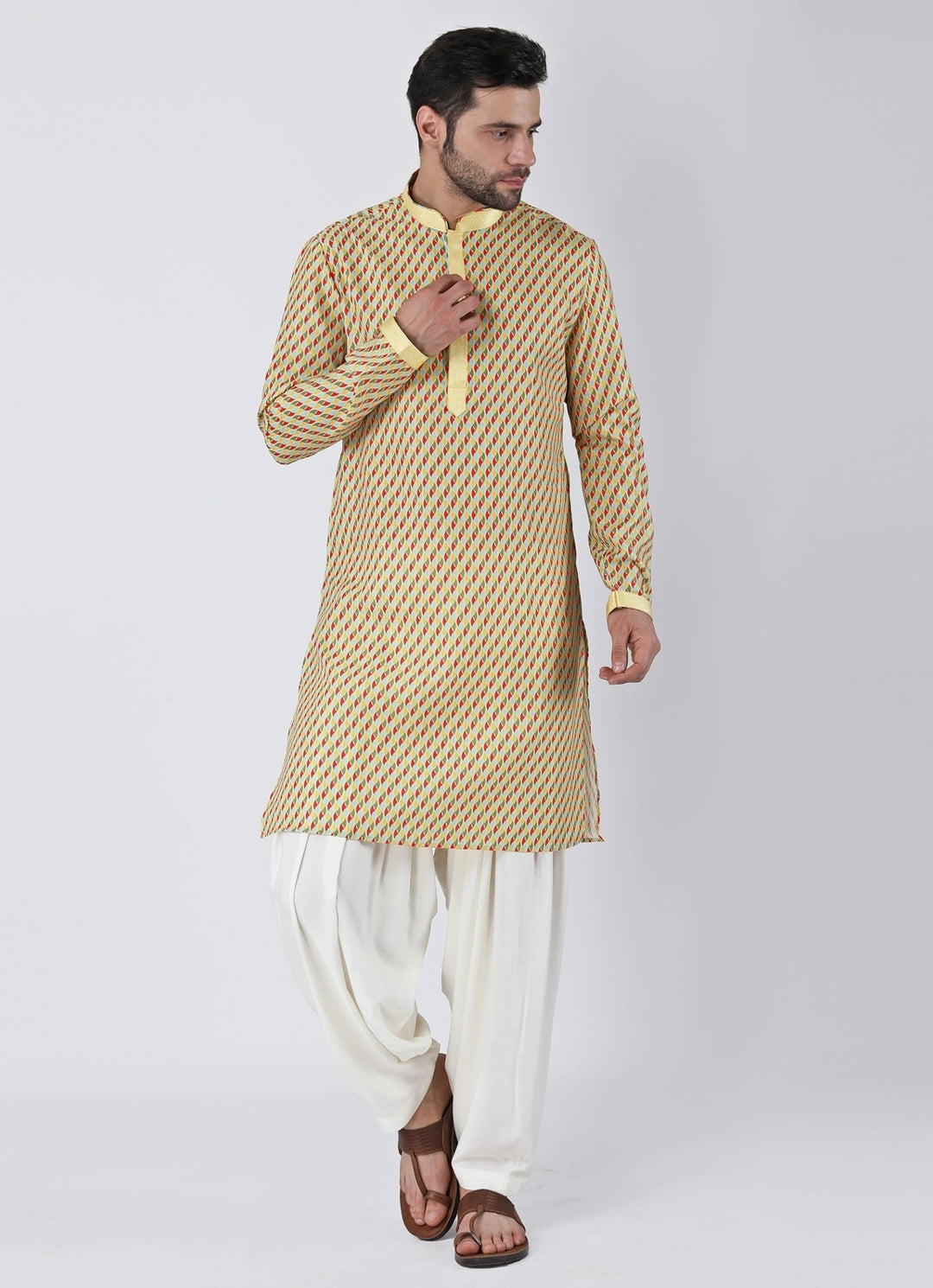 Lemon Yellow Printed Silk Kurta Pants Set Manish Nagdeo Men - Fabilicious Fashion