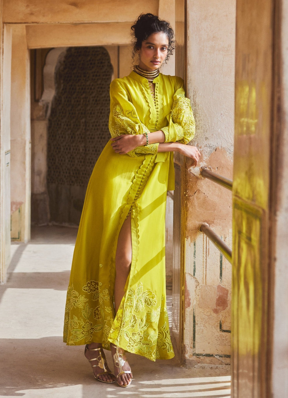 Lemon Yellow Silk Organza Dress Paulmi and Harsh - Fabilicious Fashion