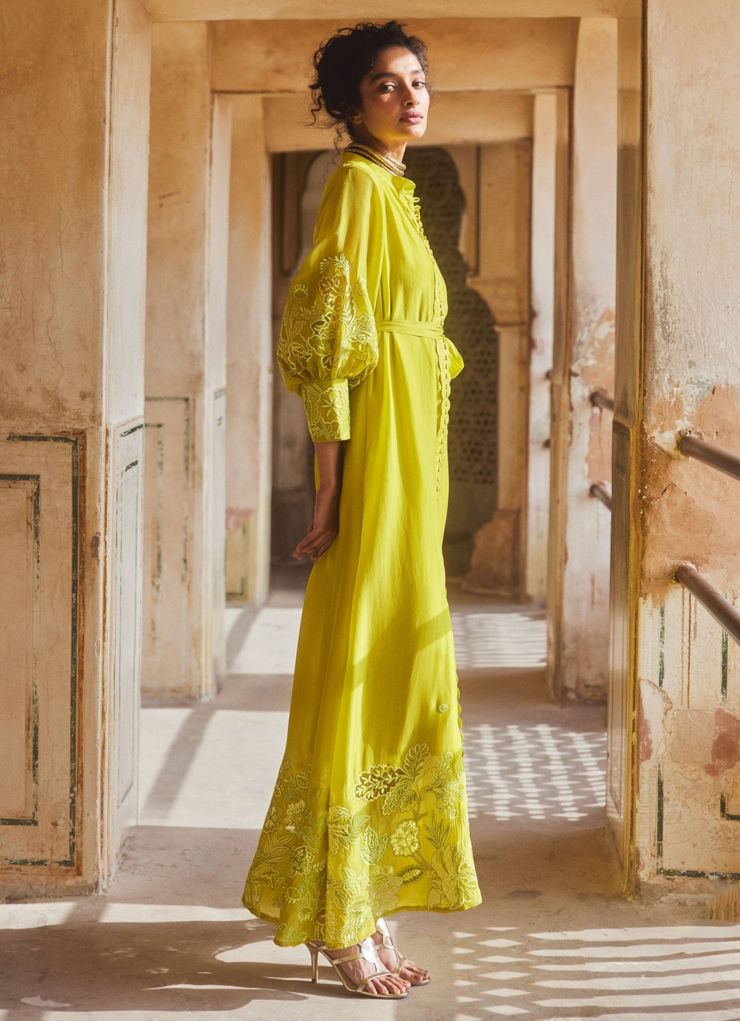 Lemon Yellow Silk Organza Dress Paulmi and Harsh - Fabilicious Fashion