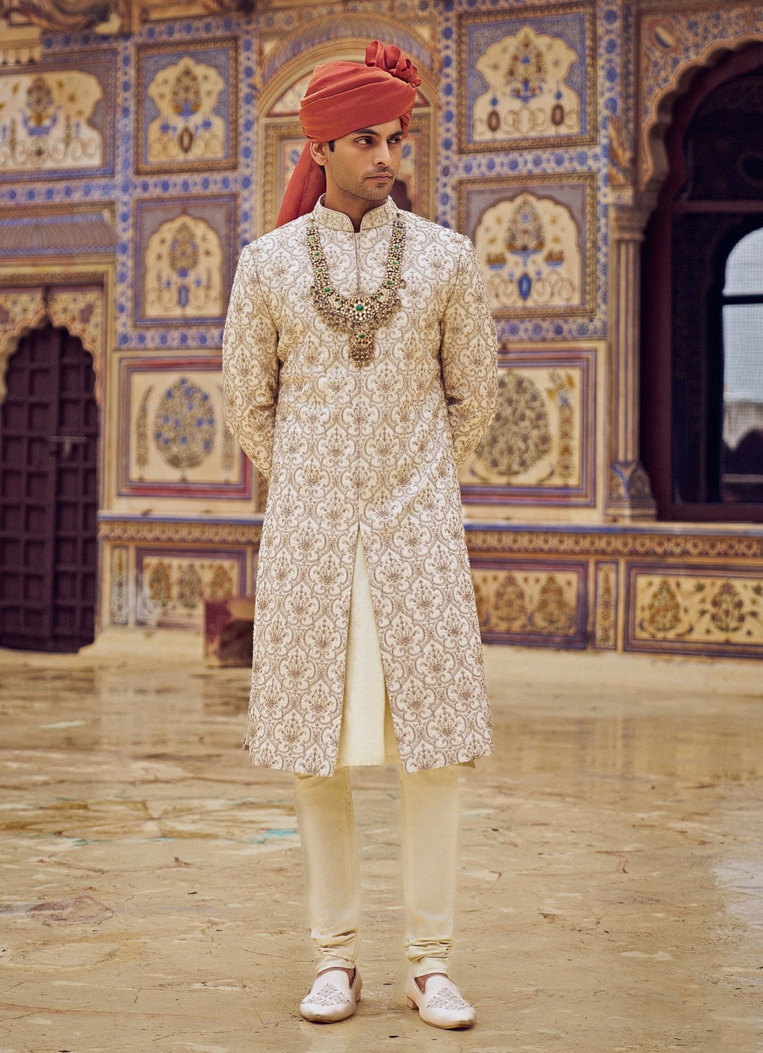 Light Beige Embroidered Silk Sherwani Set Nitika Gujral - Men - Fabilicious Fashion